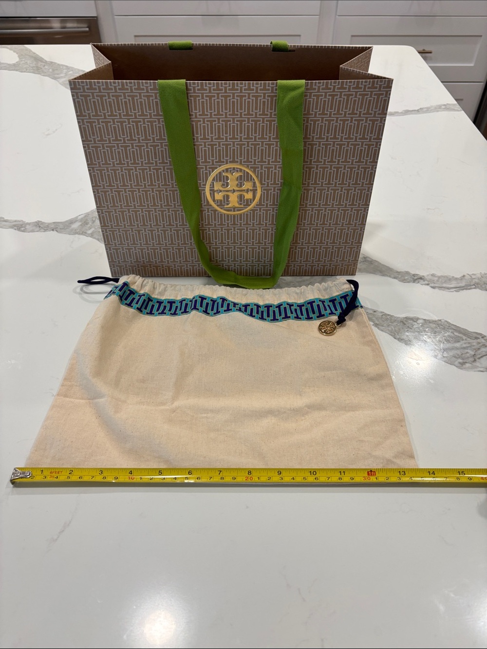 Tory‎ Burch Beige Canvas Dust Bag with purple Trim and Gold Charm with paper bag